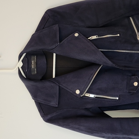 Zara basic navy Faux suede multi zip moto style cropped jacket size S - Picture 2 of 8